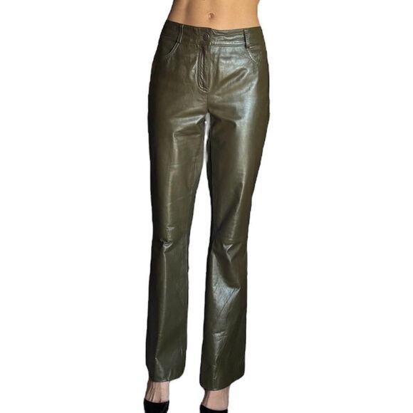 Theory Leather Green Pants Straight Leg Size 6 - Picture 4 of 10